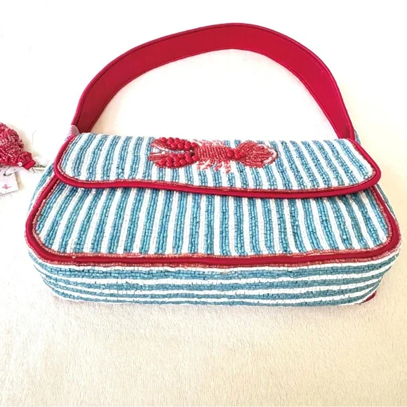 Viral Beaded Light Blue & White Striped Lobster Bag w/ Beaded Lobster Bag Charm - Picture 5 of 15